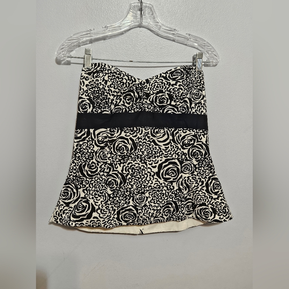 WHBM Black & White Rose Strapless Bustier with Ribbon Waist